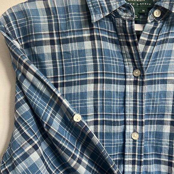 LRL 100% linen women’s Medium blue plaid long sleeve button up shirt, preppy - Picture 5 of 11